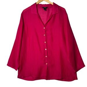 iOS Womens Size Large Fuchsia Linen Silk Blend Button‎ Up Oversized Coastal